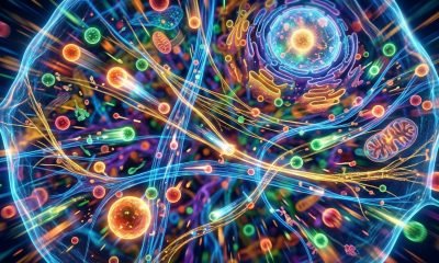 Representação visual de ventos celulares (fluxos de fluidos) transportando proteínas dentro de uma célula. Descoberta chave para o câncer.