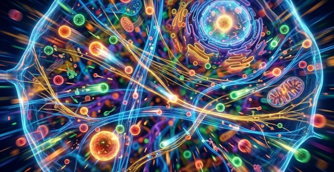 Representação visual de ventos celulares (fluxos de fluidos) transportando proteínas dentro de uma célula. Descoberta chave para o câncer.