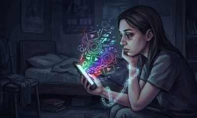 Jovem imerso em seu smartphone, com símbolos de redes sociais formando amarras, ilustrando o impacto do vício em redes sociais e a condenação da Meta e YouTube.