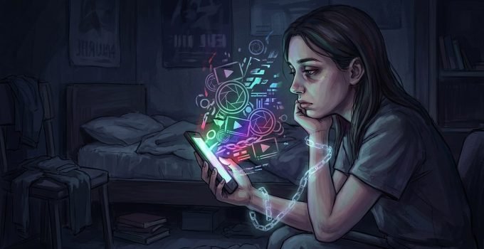 Jovem imerso em seu smartphone, com símbolos de redes sociais formando amarras, ilustrando o impacto do vício em redes sociais e a condenação da Meta e YouTube.