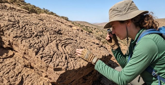 Geóloga Rowan Martindale examinando rocha com textura de pele de elefante em Marrocos, evidenciando fósseis de vida antiga em oceanos profundos.